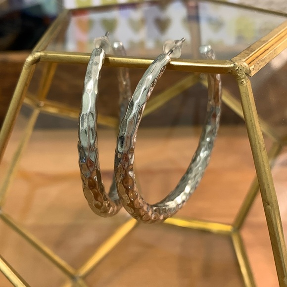 Jewelry - Hoop Earrings | Silver Tone Hammered Metal | 2 inches